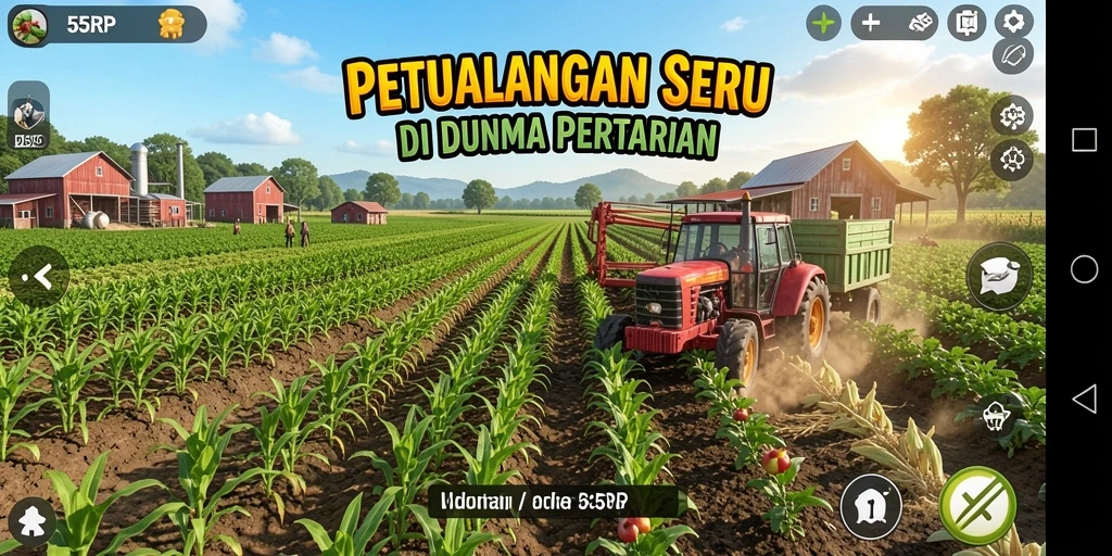 Screenshot gameplay 55RP menampilkan kebun yang rimbun dan berwarna-warni.