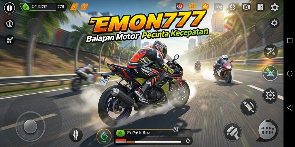 Screenshot EMON777 menampilkan balapan motor yang mendebarkan.