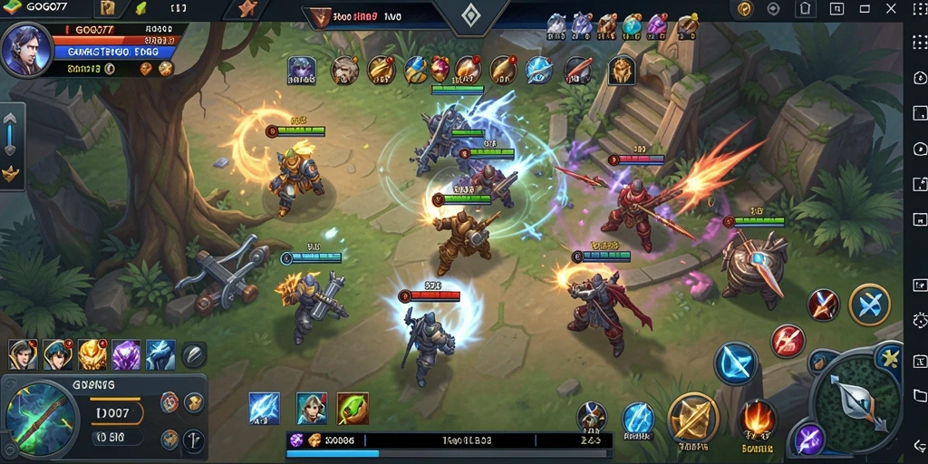 Screenshot gameplay GOGO77 menampilkan pertempuran strategi yang intens.