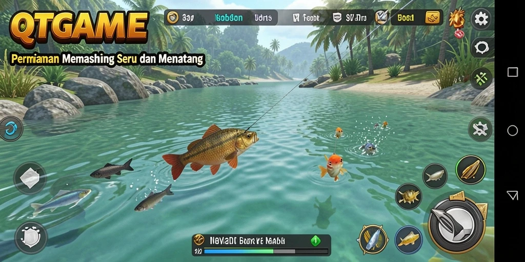 Tampilan gameplay <strong>QTGAME</strong> saat memancing ikan dengan latar belakang indah.
