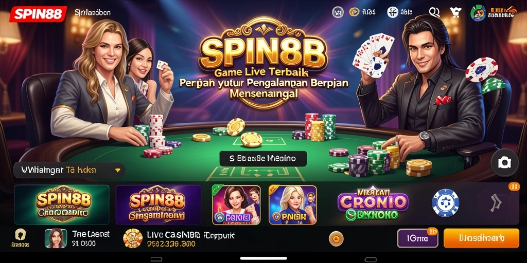 Screenshot SPIN88 menunjukkan dealer profesional dan suasana permainan Live Casino yang menarik.